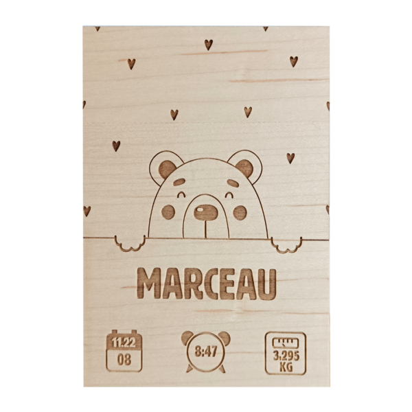 Carte de naissance en bois à personnaliser motif ourson