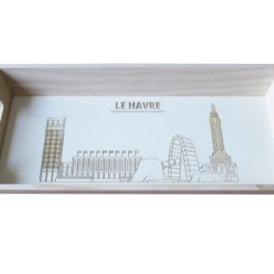 Boite en bois cadeaux personnalisée Le Havre Les BAM plateau gravé skyline